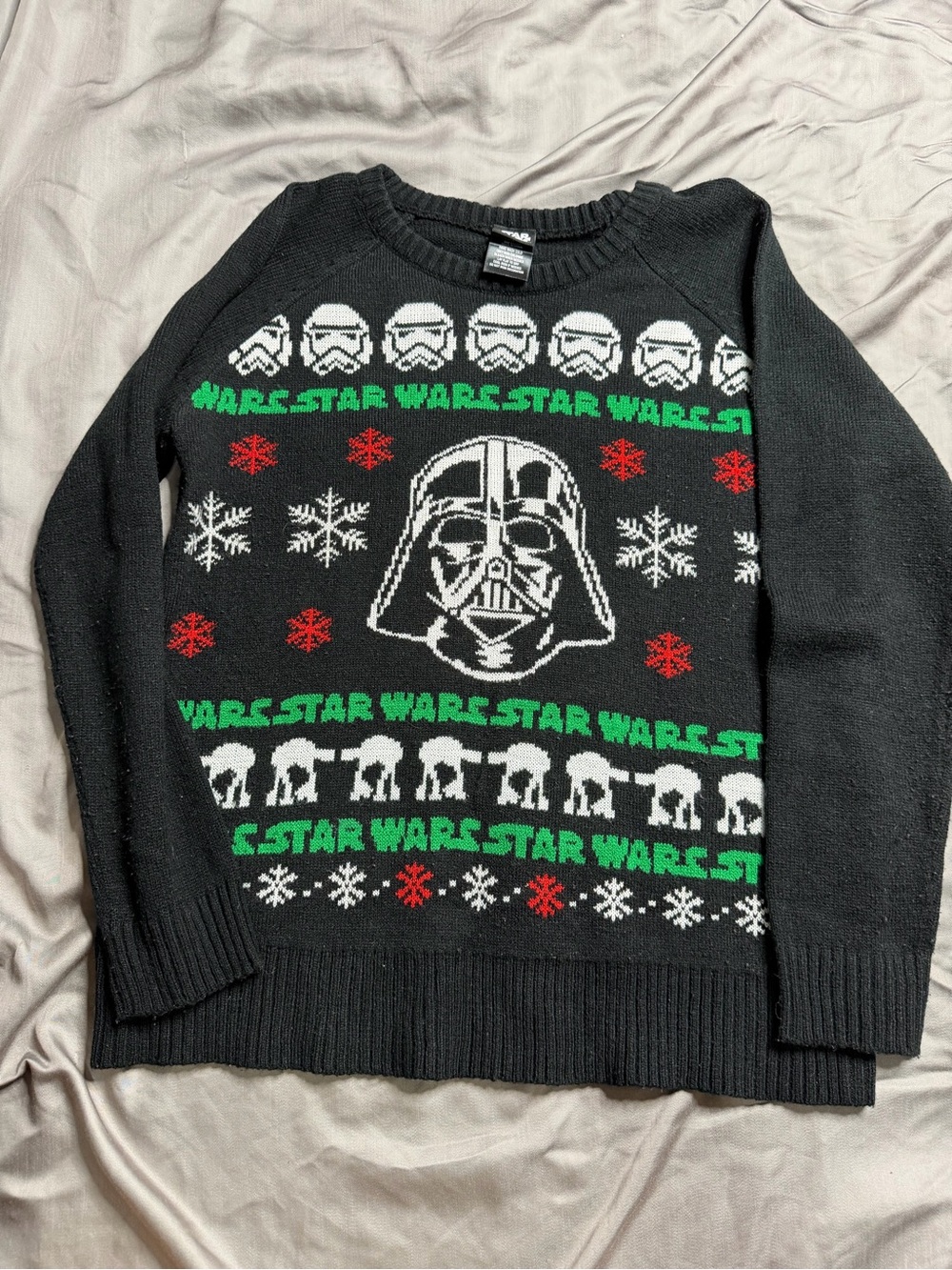 Star Wars Black Crewneck Sweater with Darth Vader Knit and Red & Green Details